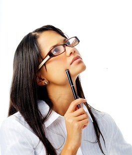 Woman Thinking of Printed Pens Photo of a woman considering printed pens